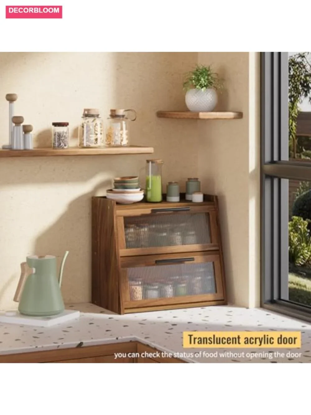 Acacia Wood Double Layer Bread Box with Window and Metal Handles